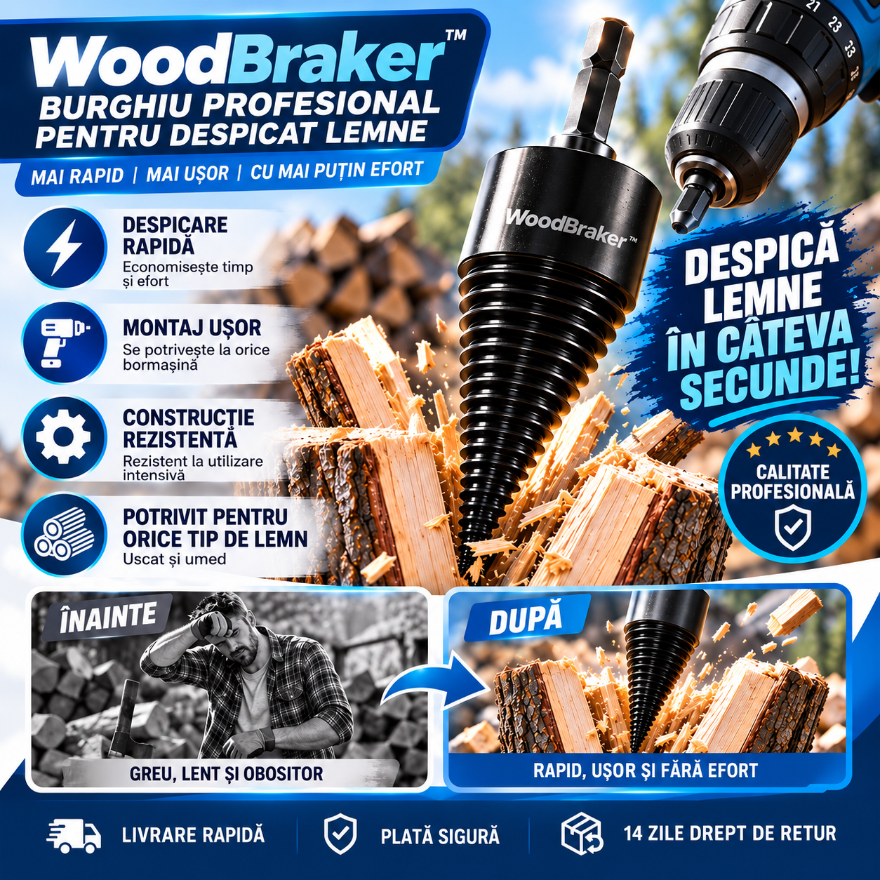 WoodBraker Burghiu Profesional pentru Despicat Lemne