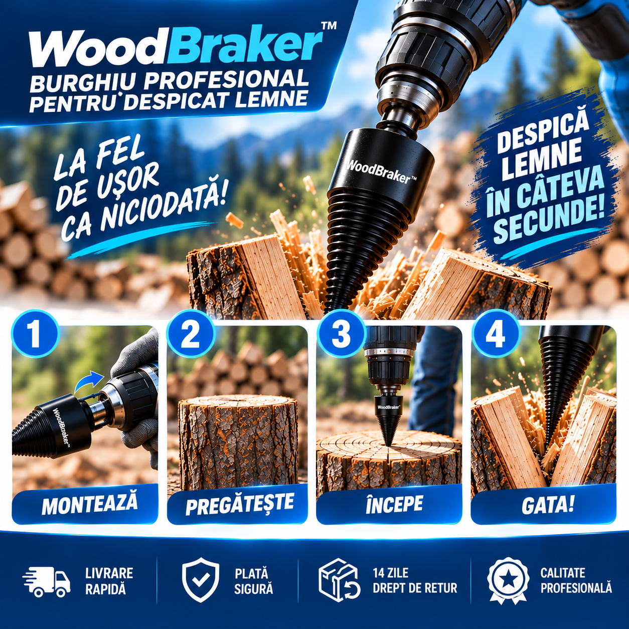 WoodBraker Burghiu Profesional pentru Despicat Lemne